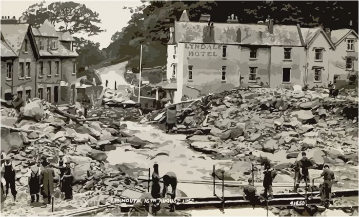 A scene of the devastation at Lynmouth