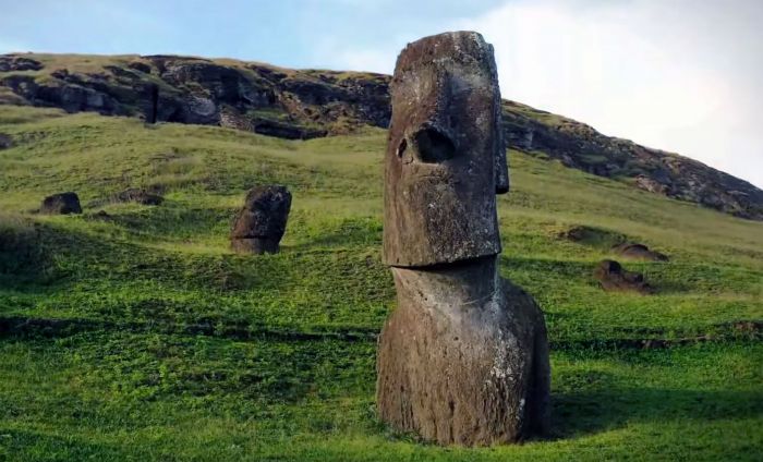 A close-up of one of the Easter Island Heads