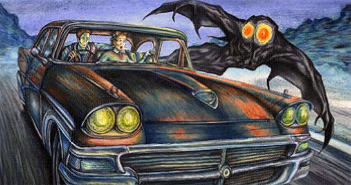 Artist's drawing of Mothman flying beside car