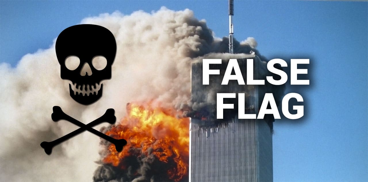 False Flag intro artwork featuring the 9/11 attack.