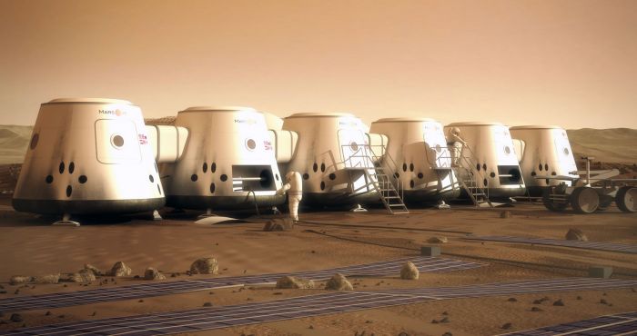 Artist's impression of the Mars One pods on the Martian surface.