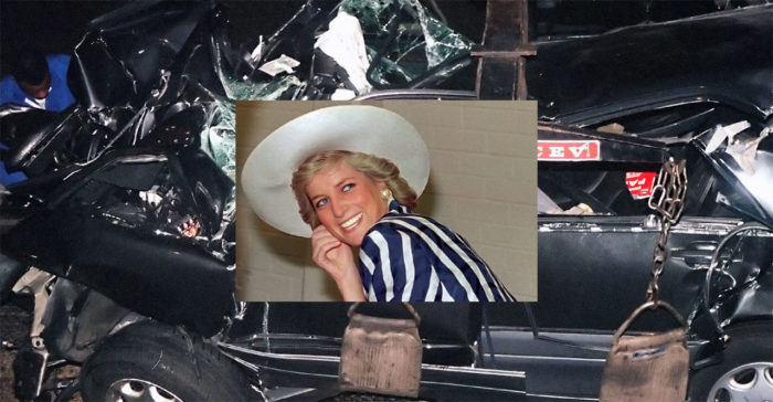 Princess Diana in foreground, her car after the accident in the background.