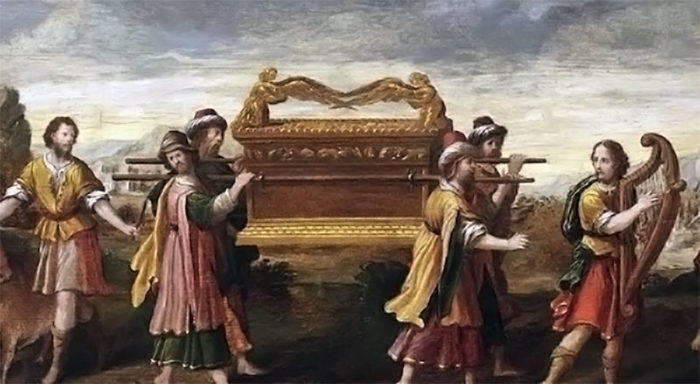 Biblical scene of people carrying the Ark of the Covenant