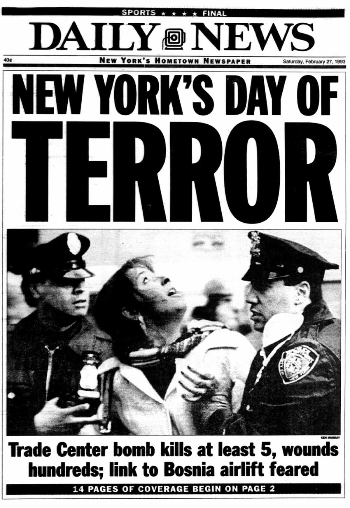 New York Daily News front page, Feb 26th, 1993.