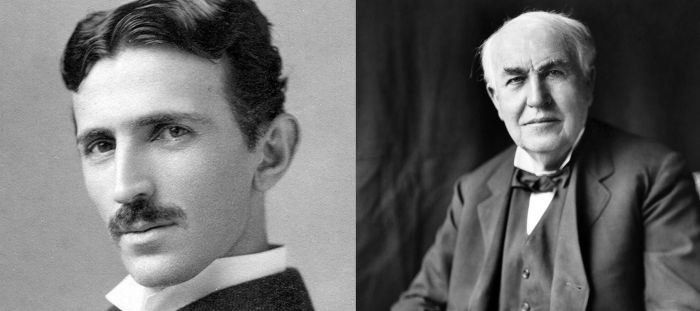 Photo of Nikola Tesla (left), Thomas Edison (right).