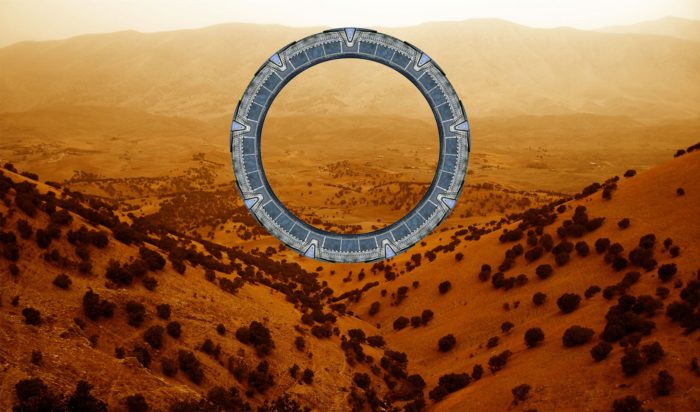 CGI drawing of a star gate with Iraq landscape in background.