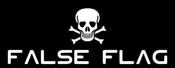 A skull and crossbones with the words "False Flag" written in white on a black background