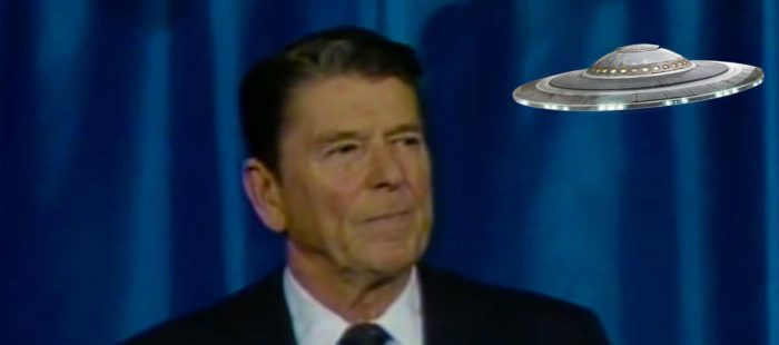 Ronald Reagan with UFO on right.