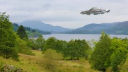Falkirk countryside with UFO in sky - artist's drawing.