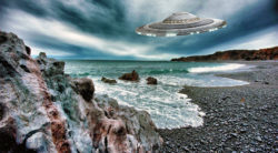 Iceland coastline with UFO in the sky (drawing).