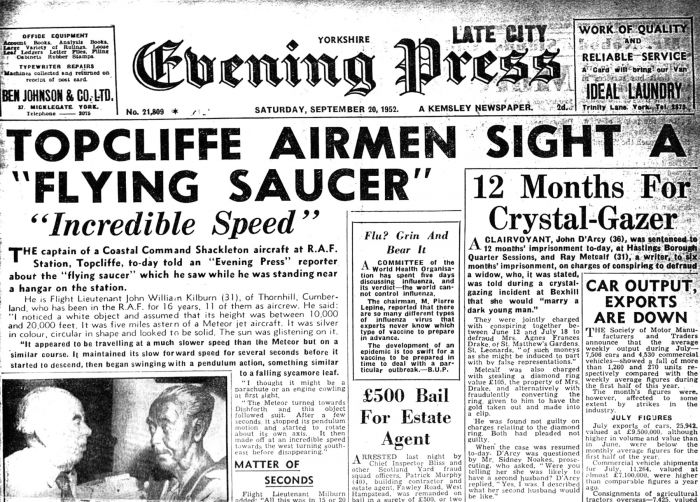 Newspaper cover page from Yorkshire Evening Press showing the Topcliffe sighting.