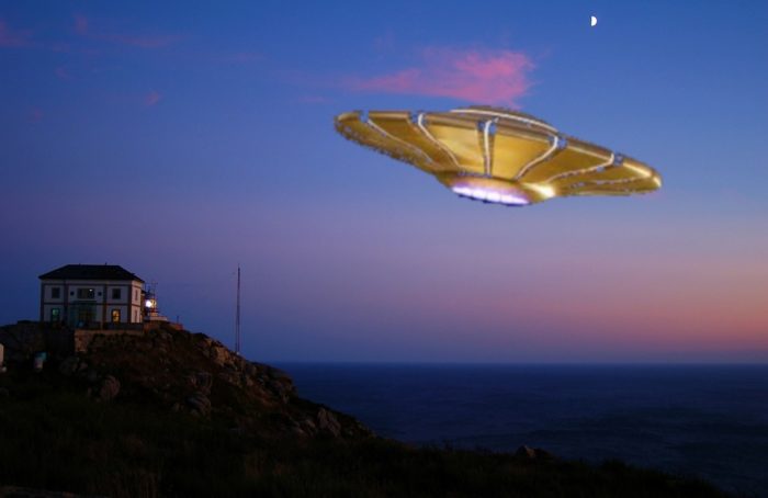 A superimposed UFO over a coastal house