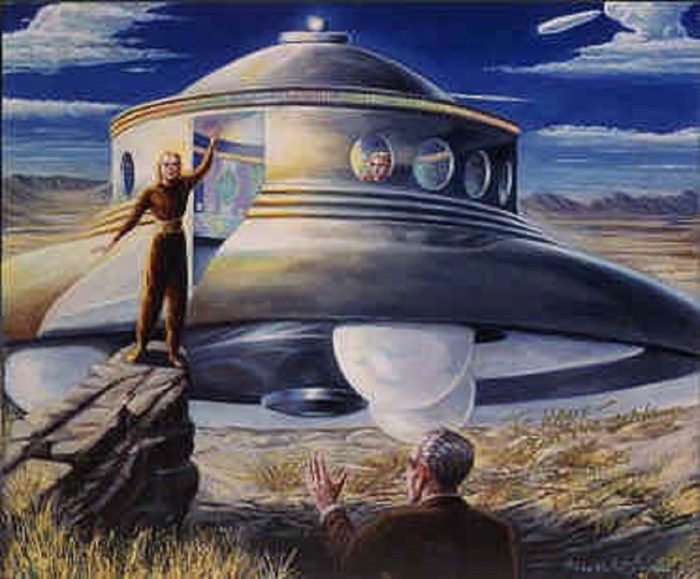 A depiction of a typical 1950s UFO encounter