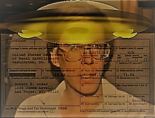 Bob Lazar with a secret document superimposed underneath and a flying saucer superimposed on top