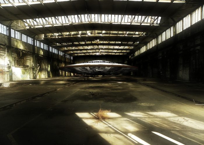 A depiction of a UFO in an aircraft hangar