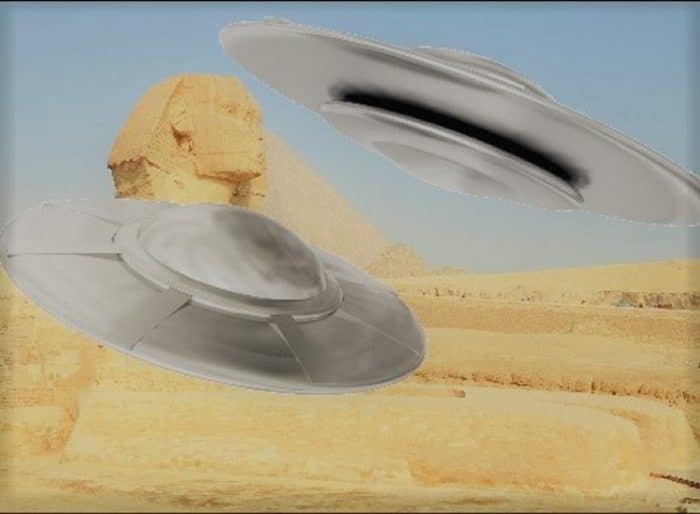 The Sphinx with flying saucers superimposed over the top