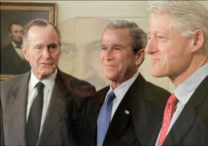 George Bush Sr and Jr next to Bill Clinton with Osama Bin Laden's face superimposed on top