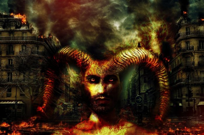 A burning city with a superimposed image of a devil-like creature