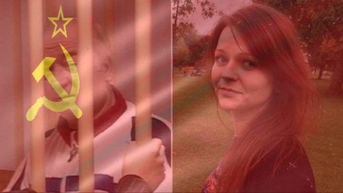 Sergei Skripal and Yulia Skripal with a Soviet flag superimposed over the top