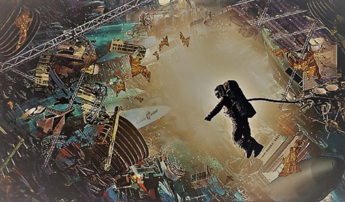 A dramatic depiction of an astronaut surrounded by space debris