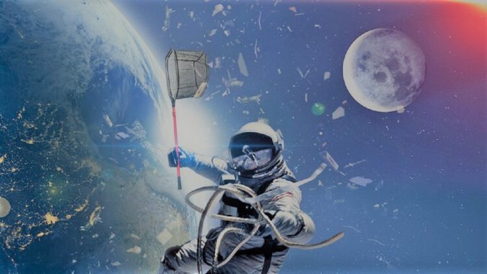 A depiction of an astronaut in space among debris