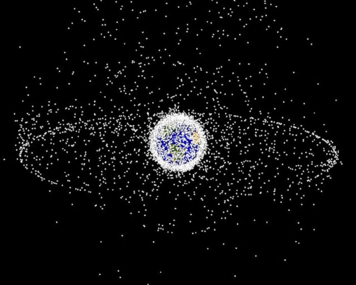 A depiction of space debris around the Earth