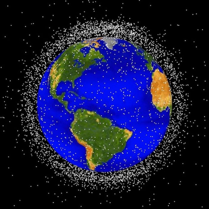 A depiction of space debris orbiting the Earth