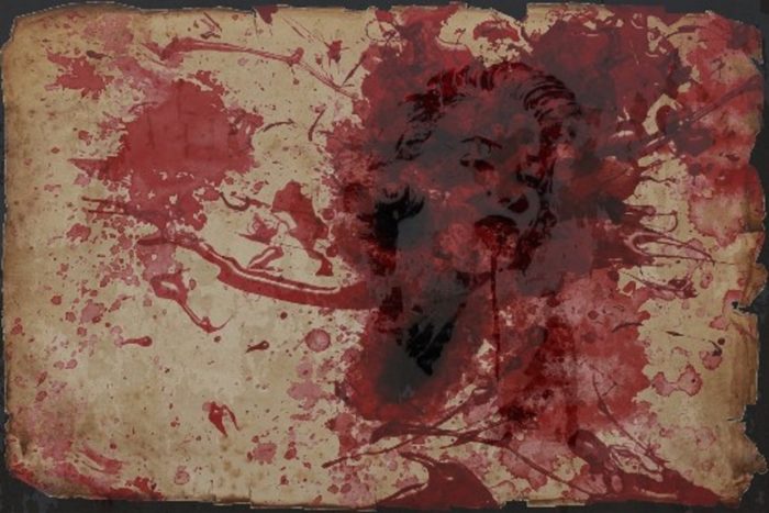 A sketch of Marilyn Monroe with blood superimposed over the top