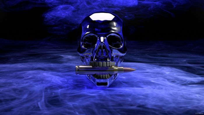 A silver skull with a bullet in its mouth on a dark smoky background