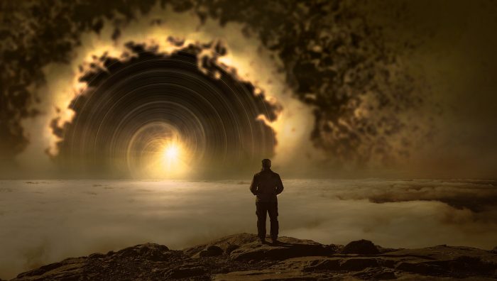 A depiction of a person starting into a portal