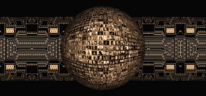 A sphere made of many different computer screens