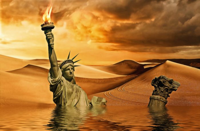 The Statue of Liberty floating in water in a distant future