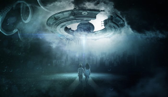 A depiction of two people stood underneath a spaceship