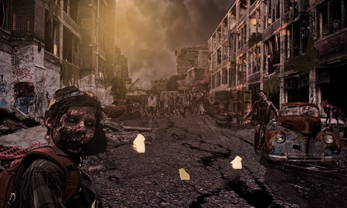 Depiction of zombie outbreak on ruined street