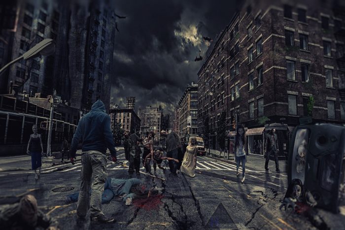 Depiction of zombies roaming the city