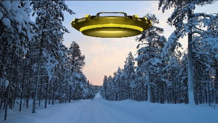 A depiction of a UFO in a snowy forest