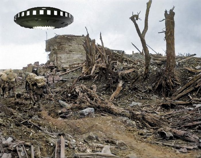 Depiction of a UFO over Korean war ruins
