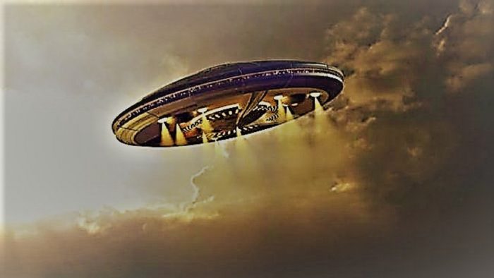 A depiction of a UFO in a cloudy sky