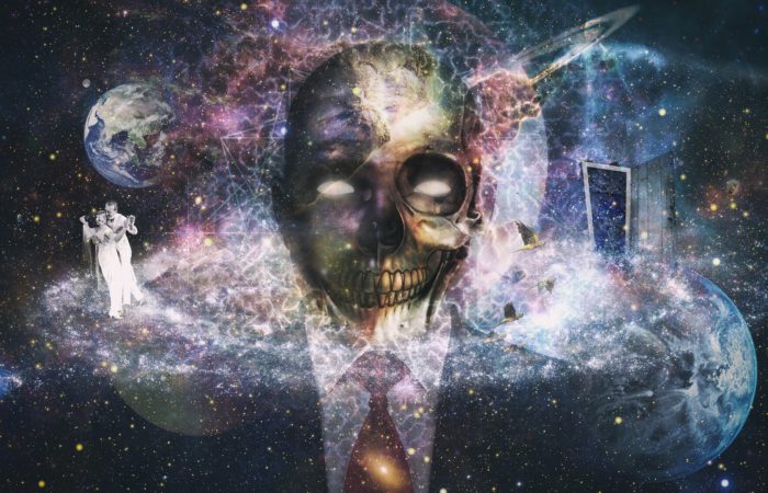 A suited person with a skull head with superimposed dancing couple on the stars behind