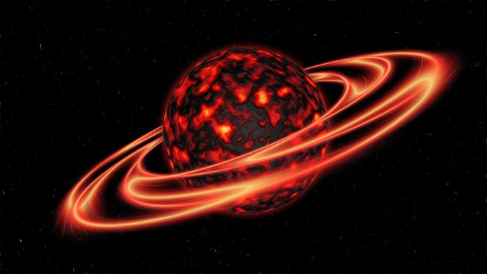 A picture of a red hot planet with glowing red rings