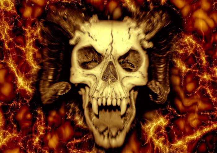 A depiction of a demonic figure against a backdrop of flames 