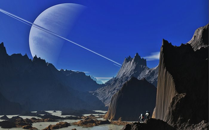 Depiction of a secret space mission on an alien planet