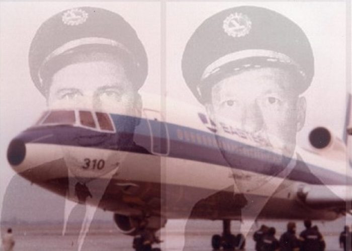 A picture of Flight 401 blended underneath a picture of the two pilots 