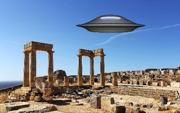 A superimposed UFO over Greek ruins