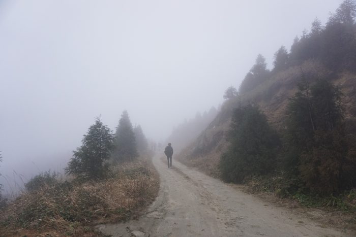 A lonely misty road with a person walking into the distance