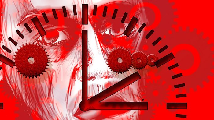 A painting of a human face on a red background with a clock over the top