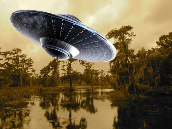 A depiction of a UFO over the Bayou 