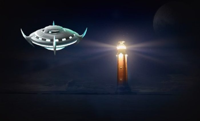 A depiction of a UFO hovering near a lighthouse 