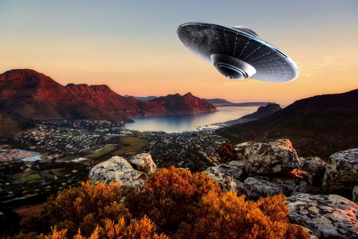 A depiction of a UFO traveling over South Africa