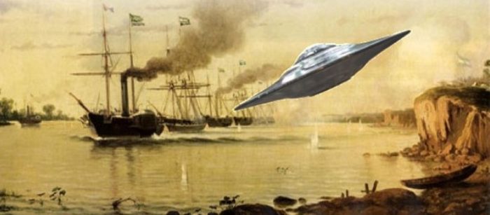 A depiction of a UFO over the Paraguay RIver